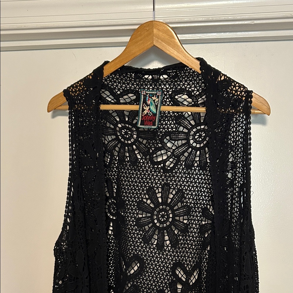 Johnny Was Black Floral Crochet Vest